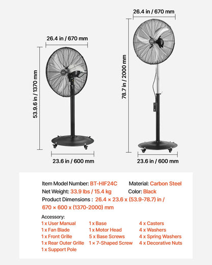 VEVOR 24-Inch High Velocity Pedestal Fan, 6800 CFM Industrial Standing Floor Fan with 85° Oscillating, 3-Speed Adjustable Height, IP44 Waterproof, Carbon Steel for Commercial, Garage, Workshop, Black - View 6