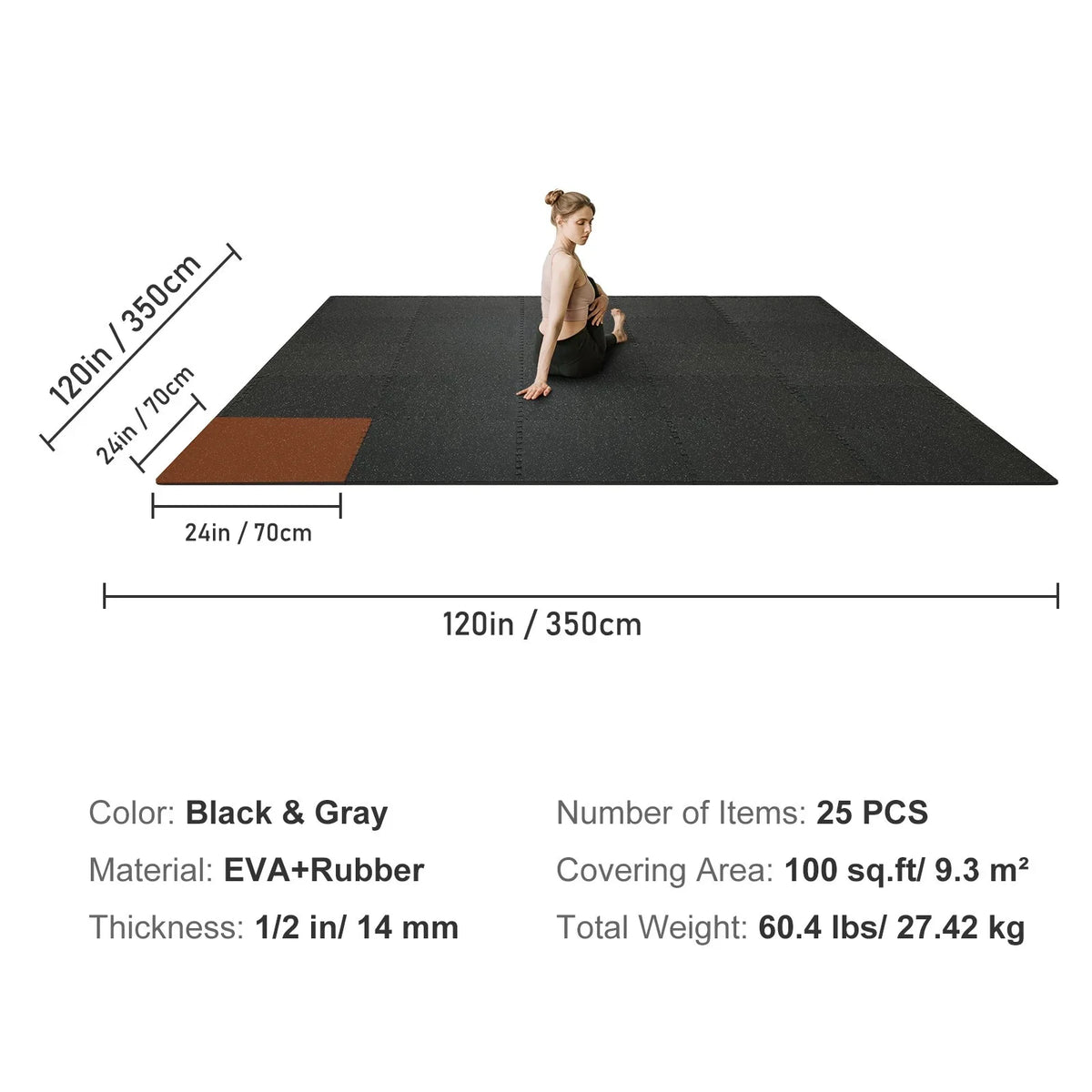 VEVOR 25 PCS 1/2 inch Thick Gym Floor Mats, 24" x 24" EVA Foam & Rubber Top Interlocking Workout Floor Mats with 100 sq.ft Coverage, Waterproof Exercise Puzzle Flooring for Gym, Home, Garage, Basement, Black & Grey - View 12
