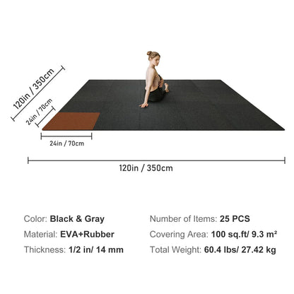 VEVOR 25 PCS 1/2 inch Thick Gym Floor Mats, 24" x 24" EVA Foam & Rubber Top Interlocking Workout Floor Mats with 100 sq.ft Coverage, Waterproof Exercise Puzzle Flooring for Gym, Home, Garage, Basement, Black & Grey - View 12