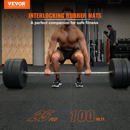 VEVOR 25 PCS 1/2 inch Thick Gym Floor Mats, 24" x 24" EVA Foam & Rubber Top Interlocking Workout Floor Mats with 100 sq.ft Coverage, Waterproof Exercise Puzzle Flooring for Gym, Home, Garage, Basement, Black & Grey