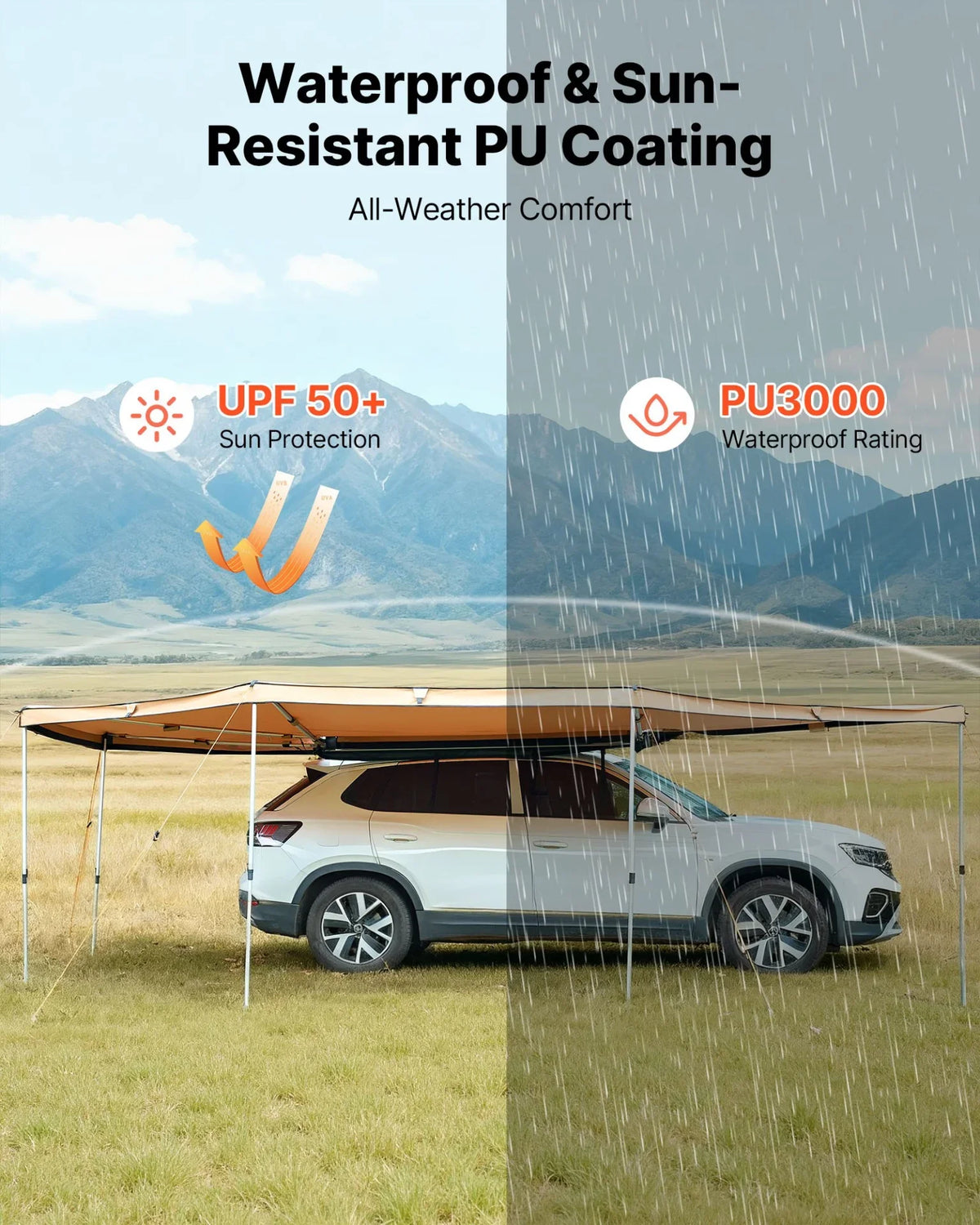 VEVOR 270 Degree Awning, 133 sq.ft Driver Side Vehicle Awning, Waterproof UV50+ Car Side Awnings with Carry Bag, All-Weather Free-Standing Overland Awnings Car Shelter for SUV Van Truck Camping - View 4