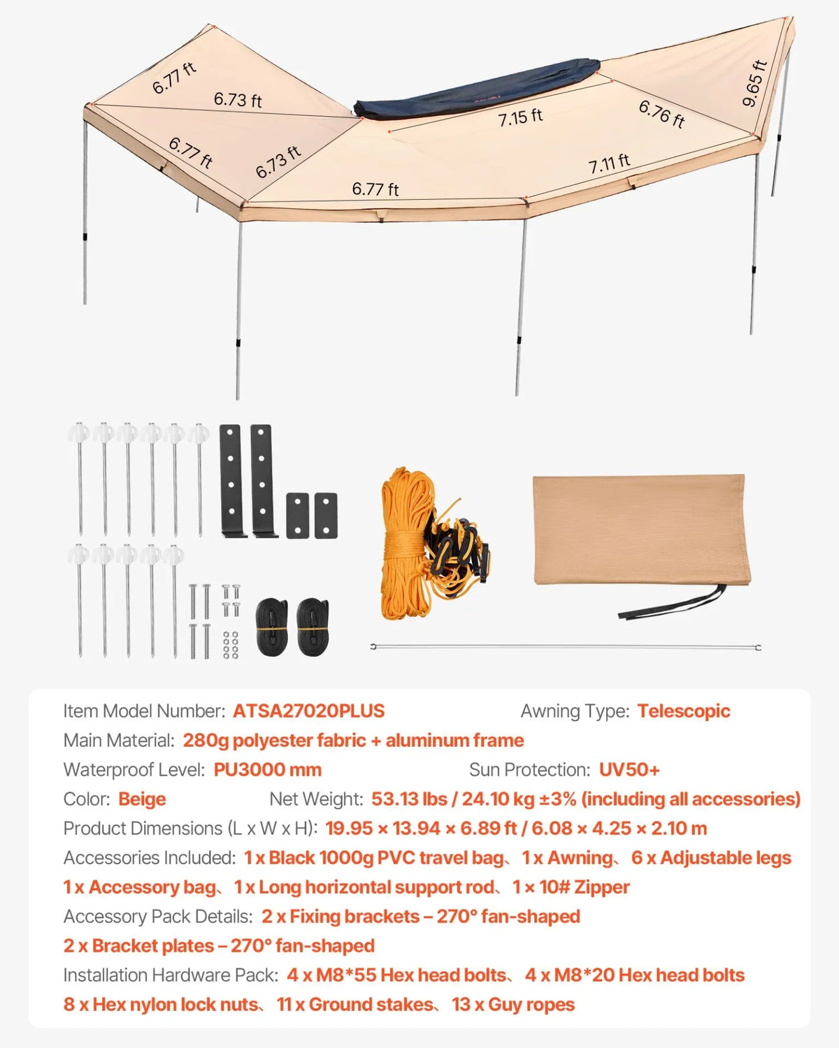 VEVOR 270 Degree Awning, 133 sq.ft Driver Side Vehicle Awning, Waterproof UV50+ Car Side Awnings with Carry Bag, All-Weather Free-Standing Overland Awnings Car Shelter for SUV Van Truck Camping - View 6