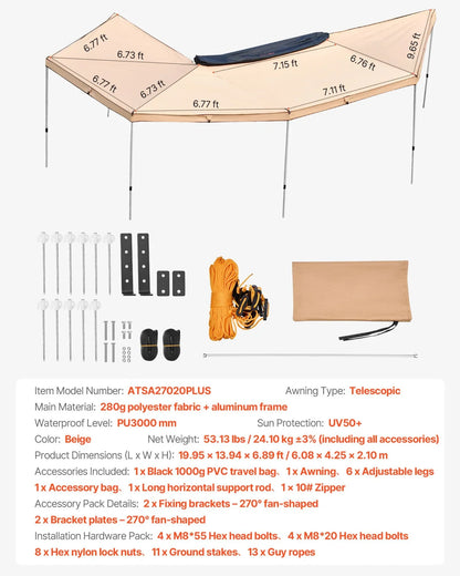 VEVOR 270 Degree Awning, 133 sq.ft Driver Side Vehicle Awning, Waterproof UV50+ Car Side Awnings with Carry Bag, All-Weather Free-Standing Overland Awnings Car Shelter for SUV Van Truck Camping - View 6