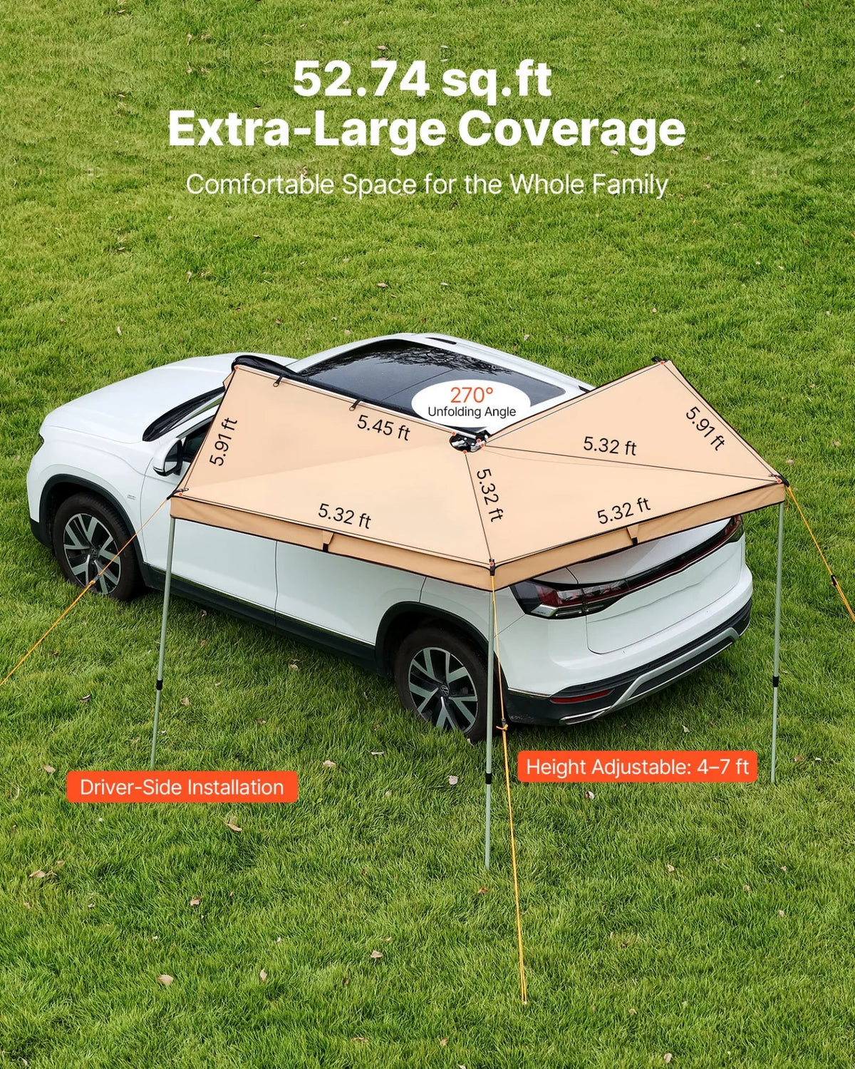 VEVOR 270 Degree Awning, 52 sq.ft Driver Side Vehicle Awning, Waterproof UV50+ Car Side Awnings with Carry Bag, All-Weather Free-Standing Overland Awnings Car Shelter for SUV Van Truck Camping - View 2