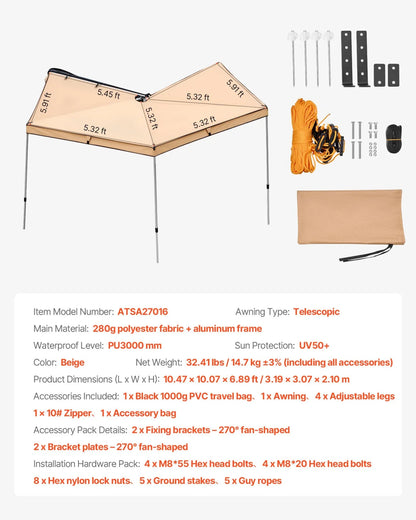 VEVOR 270 Degree Awning, 52 sq.ft Driver Side Vehicle Awning, Waterproof UV50+ Car Side Awnings with Carry Bag, All-Weather Free-Standing Overland Awnings Car Shelter for SUV Van Truck Camping - View 6