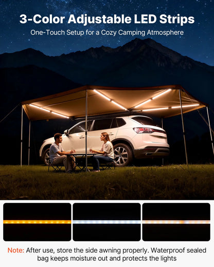VEVOR 270 Degree Awning with Bulit-in LED Lights, 133 sq.ft Driver Side Vehicle Awning, Waterproof UV50+ Car Side Awnings, All-Weather Free-Standing Overland Awnings Car Shelter for SUV Truck Camping - View 4