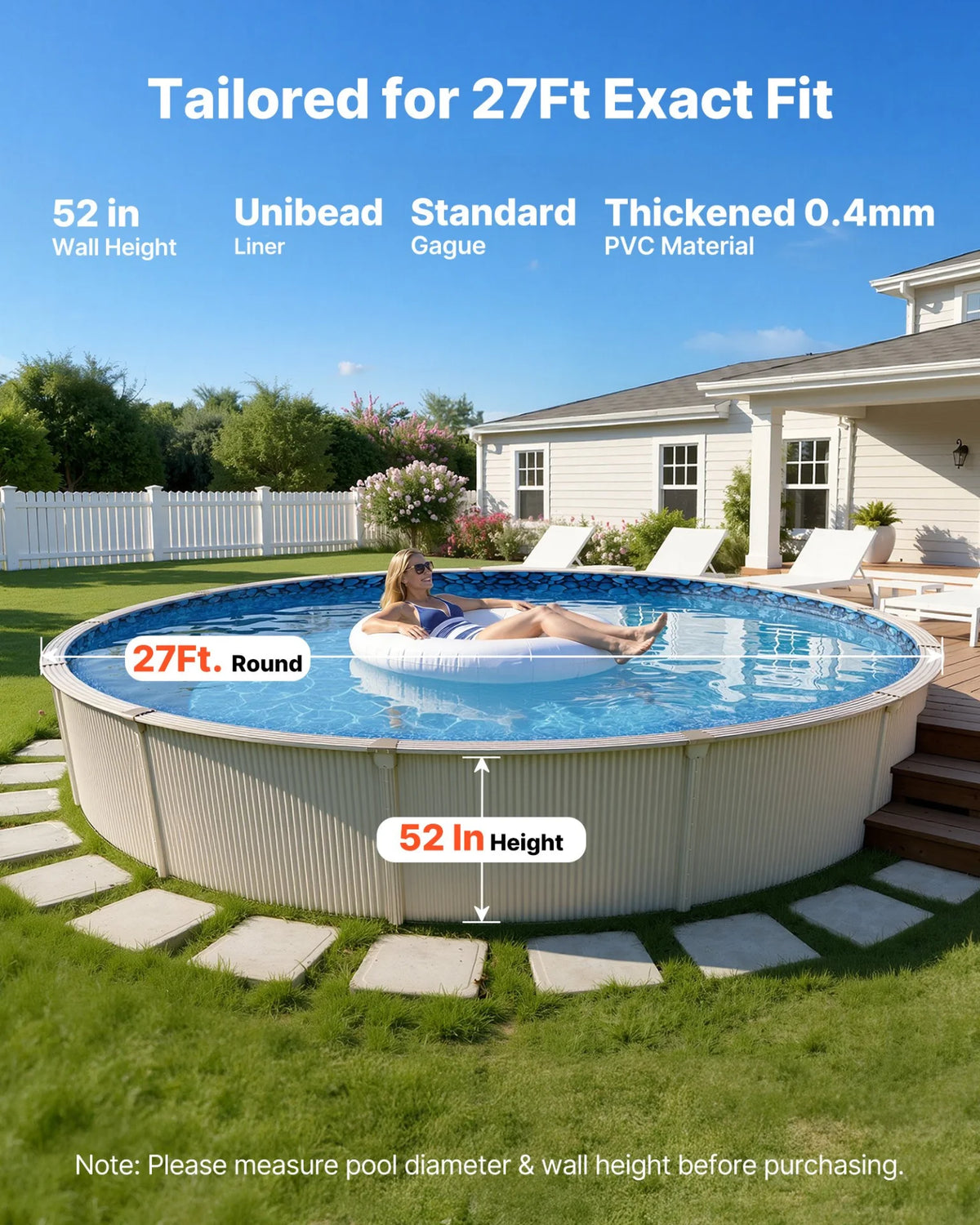 VEVOR 27ft Pool Liner, Round UniBead Swimming Pool Liner for 52 in Wall Height, Premium Vinyl, Easy Install with Leak-Proof Patches, Designed for Steel Sided Above-Ground,Outdoor, Boulder Swirl
