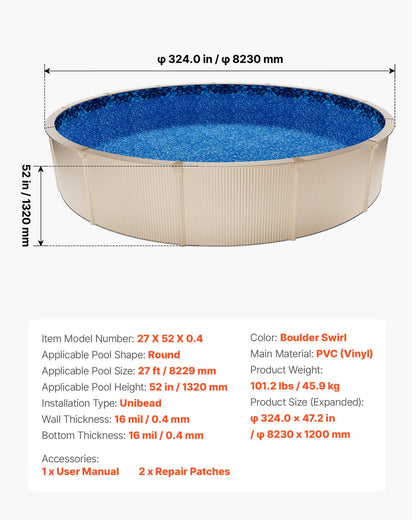 VEVOR 27ft Pool Liner, Round UniBead Swimming Pool Liner for 52 in Wall Height, Premium Vinyl, Easy Install with Leak-Proof Patches, Designed for Steel Sided Above-Ground,Outdoor, Boulder Swirl - View 6