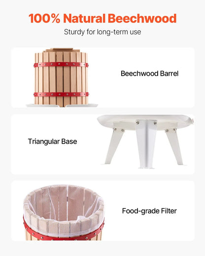VEVOR 3.2 Gal/12L Fruit Wine Press, Solid Wood Basket with 8 Blocks, Heavy Duty Manual Juice Maker, Cider Apple Grape Tincture Honey Olive Oil Making Press with Handle for Kitchen, Home - View 2