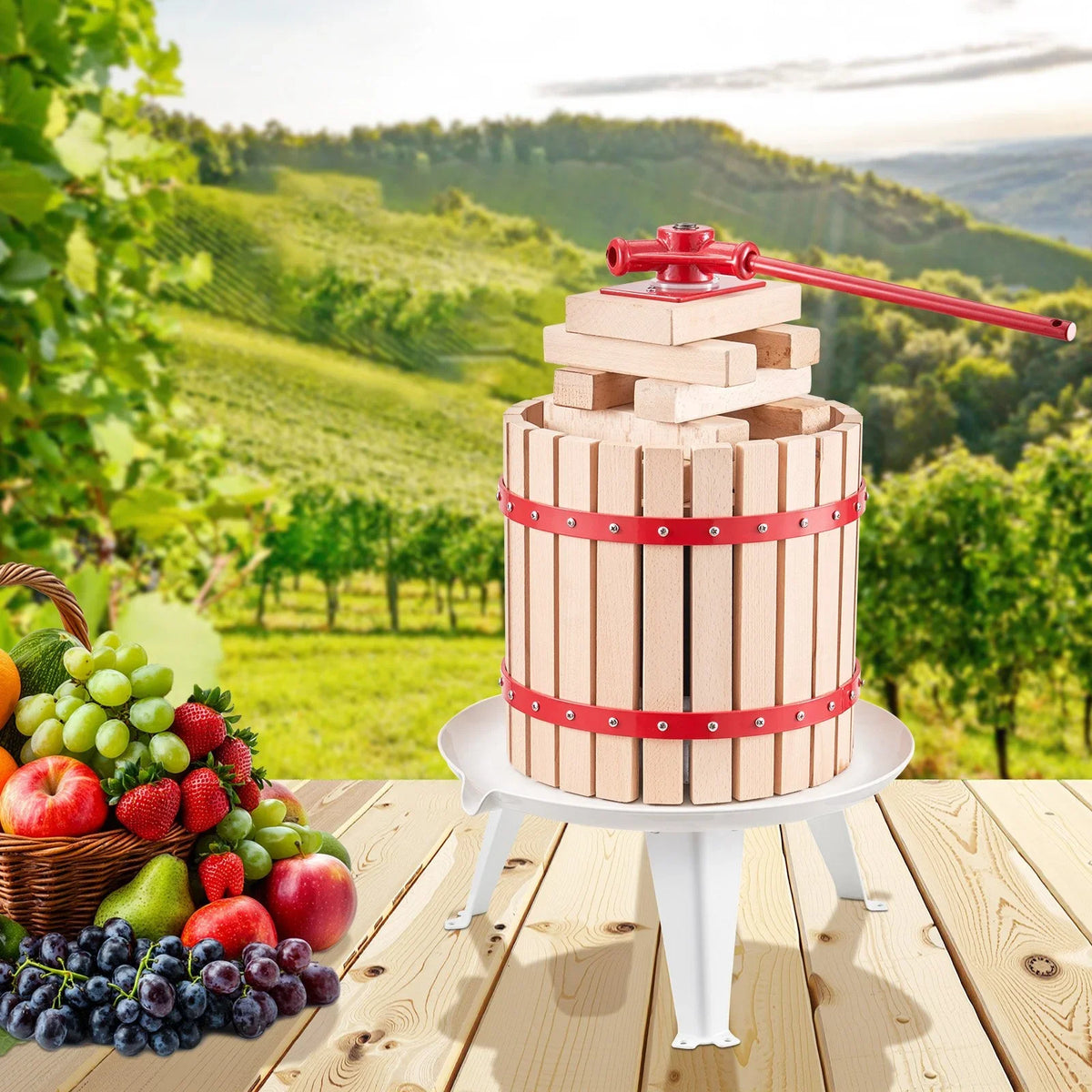 VEVOR 3.2 Gal/12L Fruit Wine Press, Solid Wood Basket with 8 Blocks, Heavy Duty Manual Juice Maker, Cider Apple Grape Tincture Honey Olive Oil Making Press with Handle for Kitchen, Home - View 7