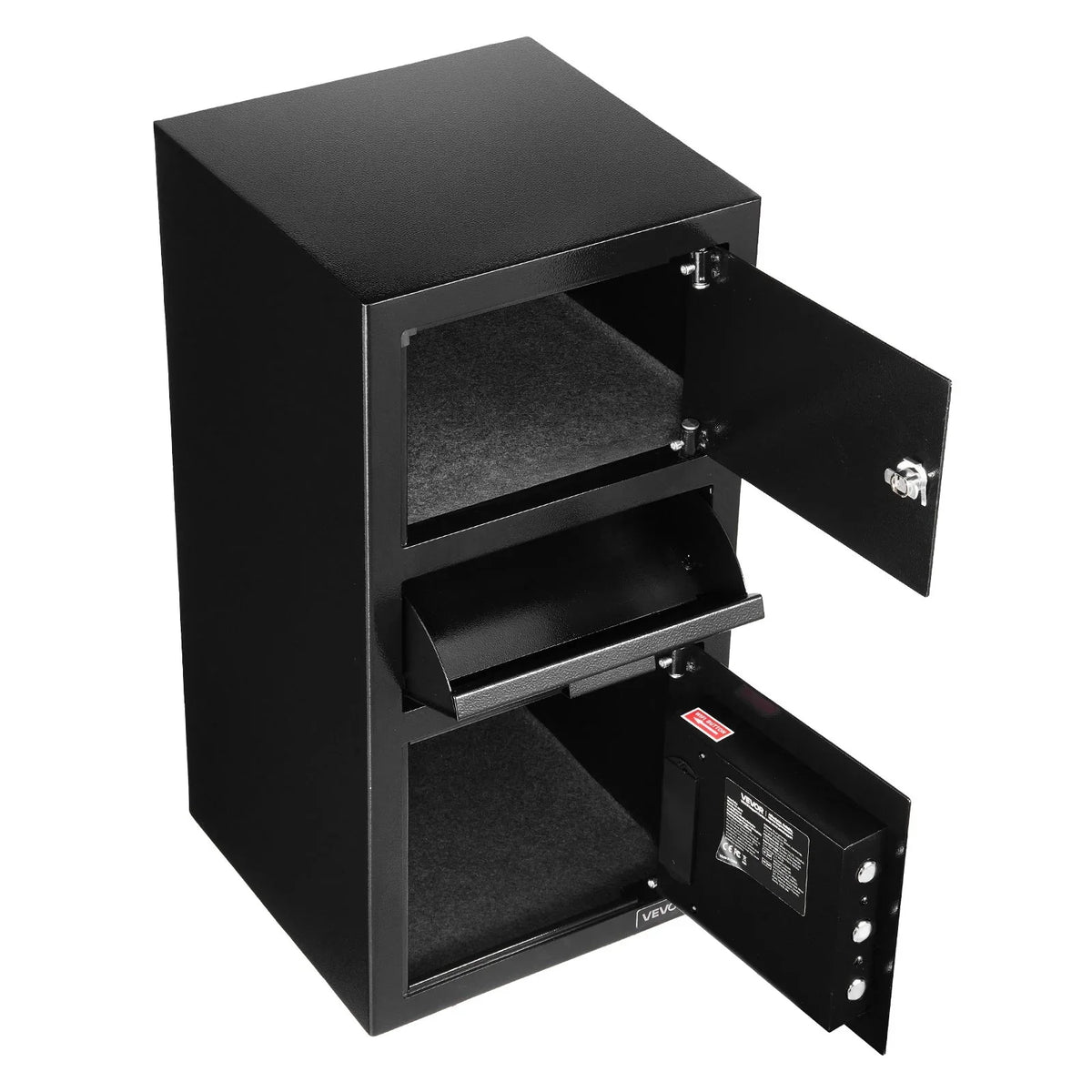 VEVOR 3.6 Cubic Feet Drop Safe, Large Capacity Front Drop Slot Safe Box with Digital Keypad, Heavy Duty 3 Tiers Cash Depository Box with Spare Keys for Cash, Bank Slip, Jewelry, Document, Bill, Black - View 9