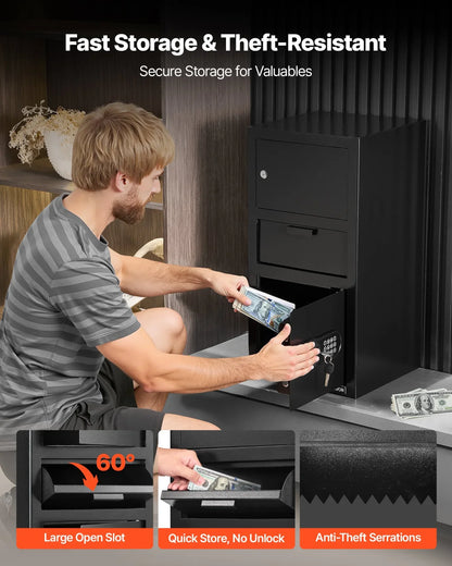 VEVOR 3.6 Cubic Feet Drop Safe, Large Capacity Front Drop Slot Safe Box with Digital Keypad, Heavy Duty 3 Tiers Cash Depository Box with Spare Keys for Cash, Bank Slip, Jewelry, Document, Bill, Black - View 2