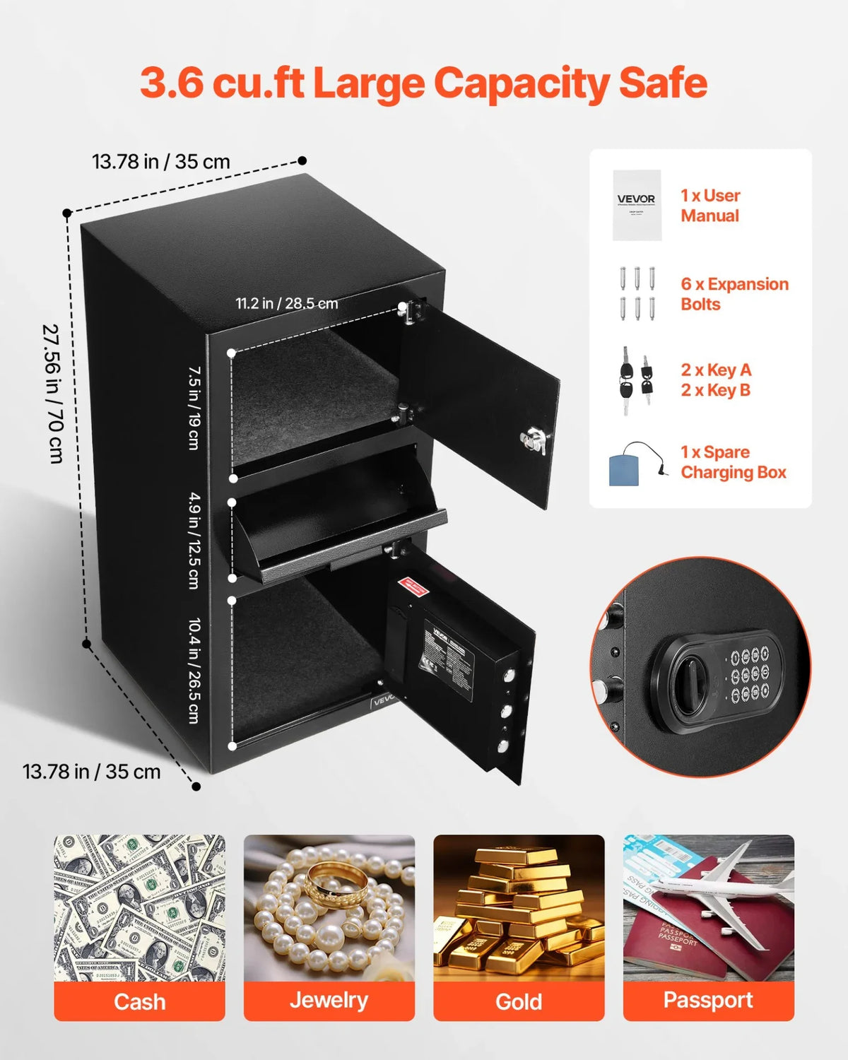 VEVOR 3.6 Cubic Feet Drop Safe, Large Capacity Front Drop Slot Safe Box with Digital Keypad, Heavy Duty 3 Tiers Cash Depository Box with Spare Keys for Cash, Bank Slip, Jewelry, Document, Bill, Black - View 3