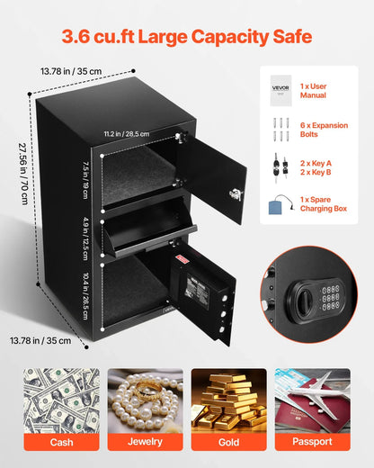 VEVOR 3.6 Cubic Feet Drop Safe, Large Capacity Front Drop Slot Safe Box with Digital Keypad, Heavy Duty 3 Tiers Cash Depository Box with Spare Keys for Cash, Bank Slip, Jewelry, Document, Bill, Black - View 3