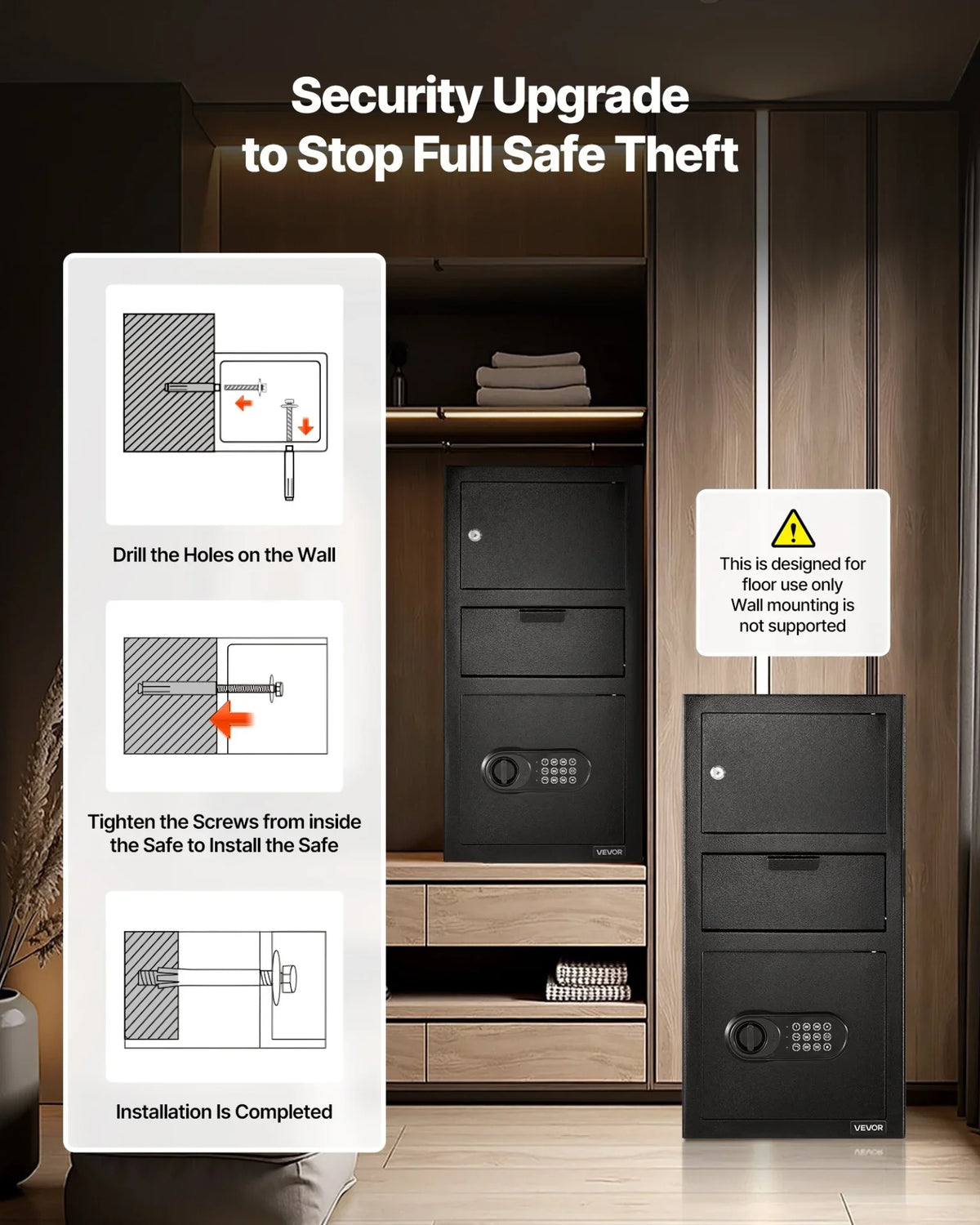 VEVOR 3.6 Cubic Feet Drop Safe, Large Capacity Front Drop Slot Safe Box with Digital Keypad, Heavy Duty 3 Tiers Cash Depository Box with Spare Keys for Cash, Bank Slip, Jewelry, Document, Bill, Black - View 7