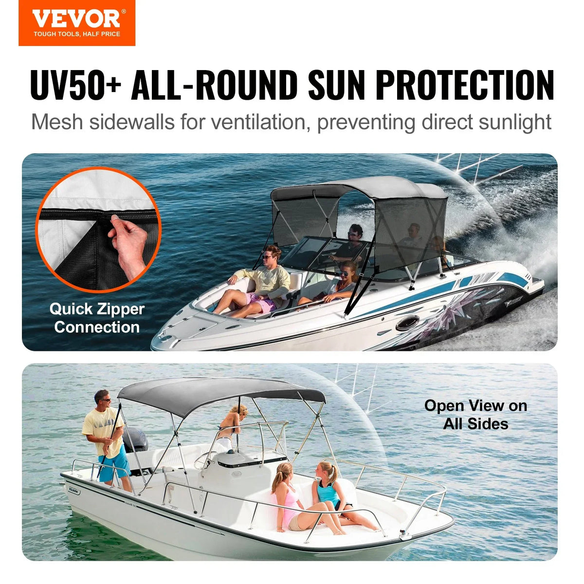 VEVOR 3 Bow Bimini Top Boat Cover, Detachable Mesh Sidewalls, 600D Polyester Canopy with 1" Aluminum Alloy Frame, Includes Storage Boot, 2 Support Poles, 2 Straps, 6'L x 46"H x 61"-66"W, Light Grey - View 2