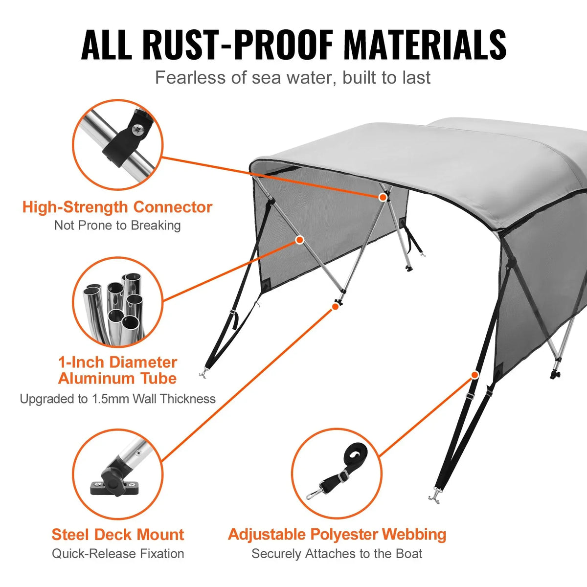 VEVOR 3 Bow Bimini Top Boat Cover, Detachable Mesh Sidewalls, 600D Polyester Canopy with 1" Aluminum Alloy Frame, Includes Storage Boot, 2 Support Poles, 2 Straps, 6'L x 46"H x 61"-66"W, Light Grey - View 5