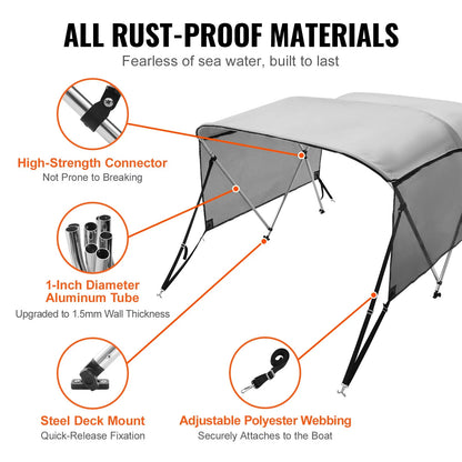 VEVOR 3 Bow Bimini Top Boat Cover, Detachable Mesh Sidewalls, 600D Polyester Canopy with 1" Aluminum Alloy Frame, Includes Storage Boot, 2 Support Poles, 2 Straps, 6'L x 46"H x 67"-72"W, Light Grey - View 5