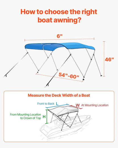 VEVOR 3 Bow Boat Bimini Tops, 600D Polyester Canopy with Aluminum Alloy Frame, Waterproof & Sun Shade Boat Awning Canopy with Storage Bag, 2 Support Poles, 4 Straps, 6'Lx(54"-60")Wx46"H, Pacific Blue - View 4