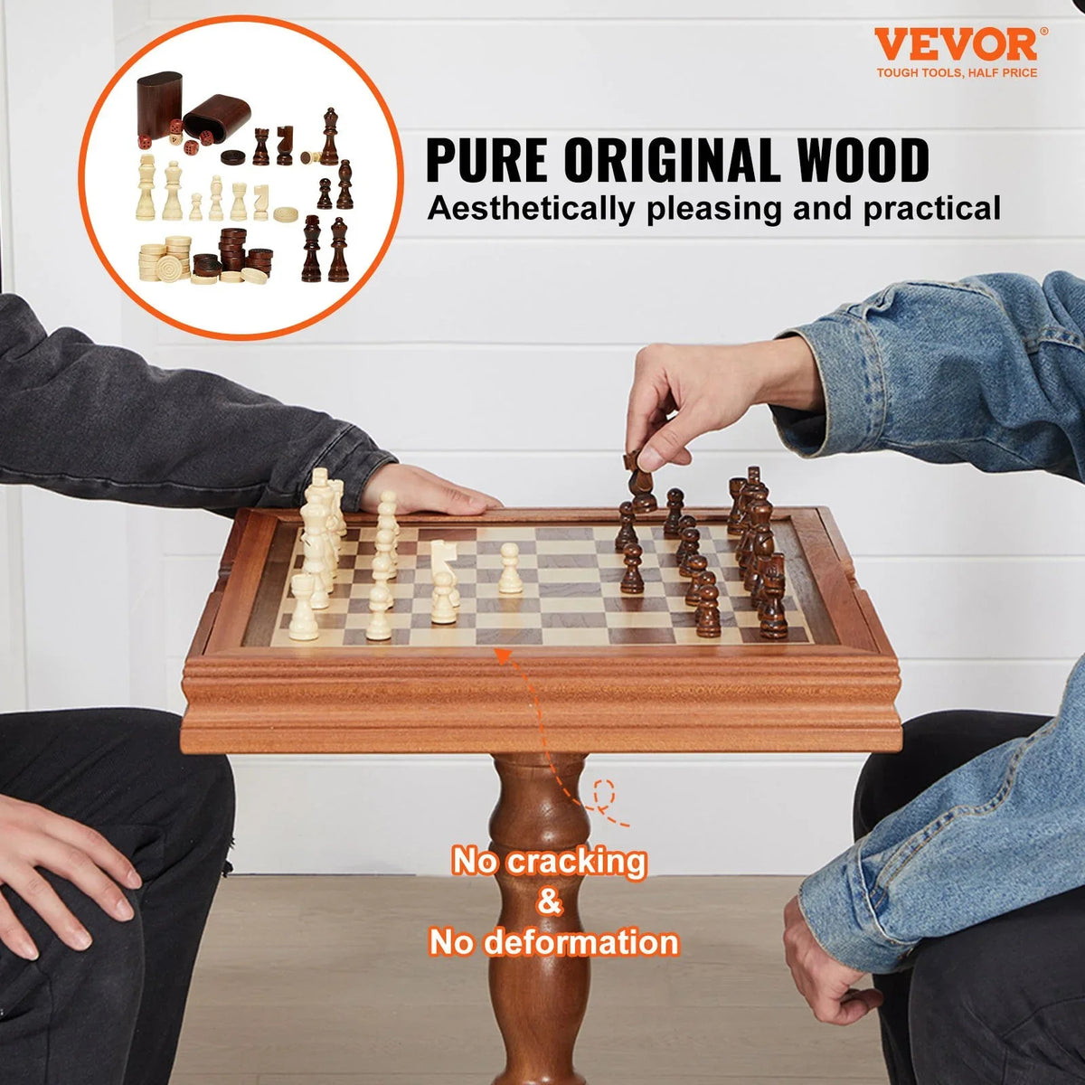 VEVOR 3-IN-1 Chess Checkers Backgammon Table Set, 18 Inch Premium Wooden Chess Table, Deluxe Combo Game Table Furniture Set, Chess Set Board Game Gift for Family Board Games - View 2