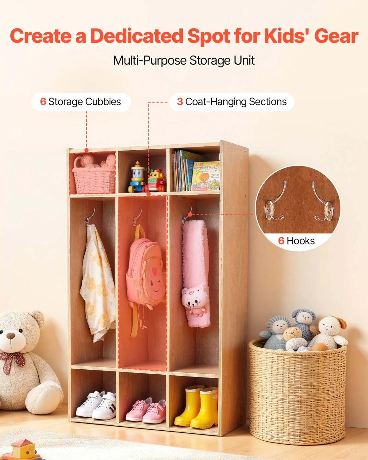 VEVOR 3-Section Kids Coat Locker, Wooden Toddler Cubby Storage Organizer with 6 Hooks & Non-Slip Mat, Modern Kid Coat Cubbies with 6 Small Open Storage Boxes for Home, Kindergarten, Daycare, Natural