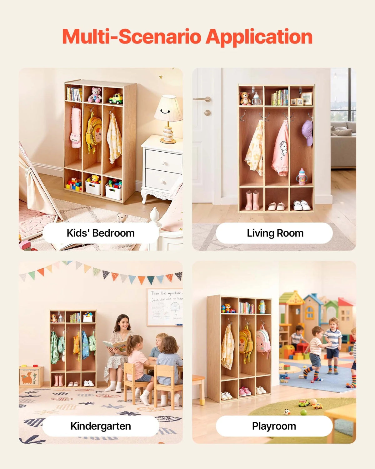 VEVOR 3-Section Kids Coat Locker, Wooden Toddler Cubby Storage Organizer with 6 Hooks & Non-Slip Mat, Modern Kid Coat Cubbies with 6 Small Open Storage Boxes for Home, Kindergarten, Daycare, Natural - View 5