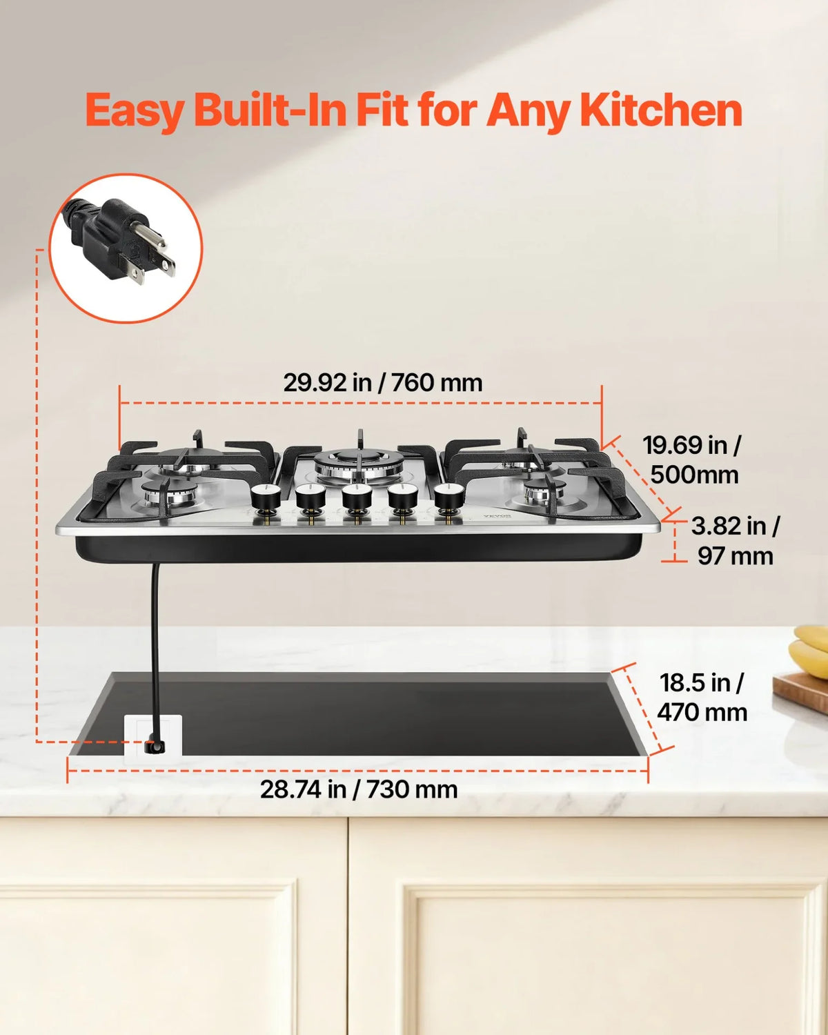 VEVOR 30-inch Gas Cooktop, 5 Burners Built-in Gas Stove Top, Max 12250BTU NG/LPG Convertible Stainless Steel Natural Gas Hob, with Thermocouple Protection for Camping, RV, Apartment - View 13
