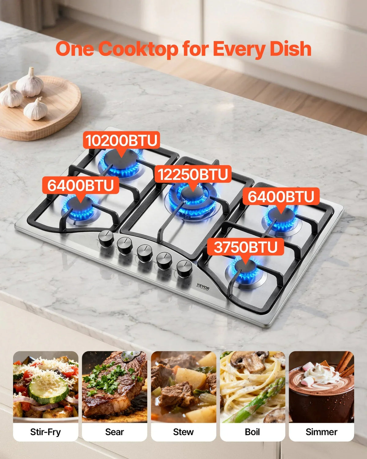 VEVOR 30-inch Gas Cooktop, 5 Burners Built-in Gas Stove Top, Max 12250BTU NG/LPG Convertible Stainless Steel Natural Gas Hob, with Thermocouple Protection for Camping, RV, Apartment - View 14