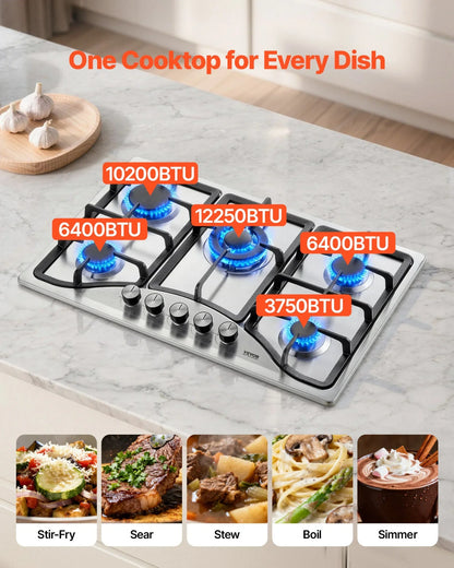 VEVOR 30-inch Gas Cooktop, 5 Burners Built-in Gas Stove Top, Max 12250BTU NG/LPG Convertible Stainless Steel Natural Gas Hob, with Thermocouple Protection for Camping, RV, Apartment - View 14