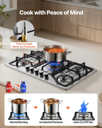 VEVOR 30-inch Gas Cooktop, 5 Burners Built-in Gas Stove Top, Max 12250BTU NG/LPG Convertible Stainless Steel Natural Gas Hob, with Thermocouple Protection for Camping, RV, Apartment - View 15