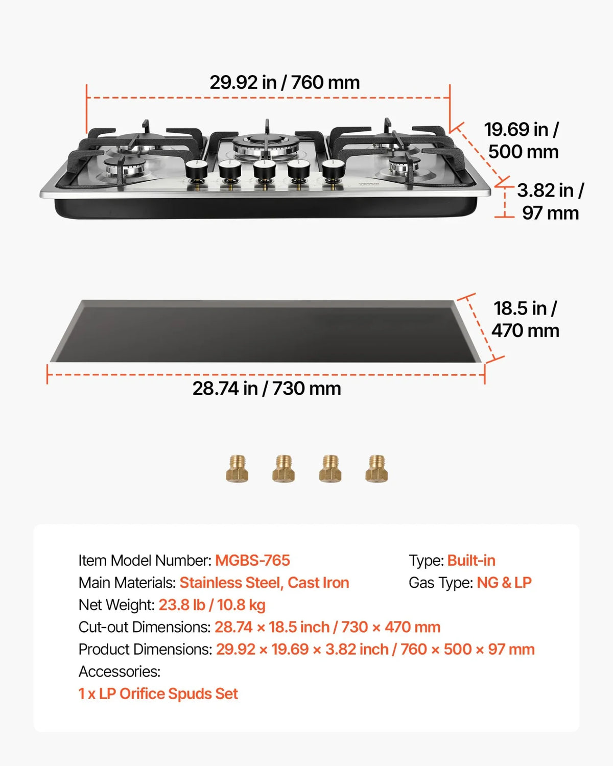 VEVOR 30-inch Gas Cooktop, 5 Burners Built-in Gas Stove Top, Max 12250BTU NG/LPG Convertible Stainless Steel Natural Gas Hob, with Thermocouple Protection for Camping, RV, Apartment - View 18
