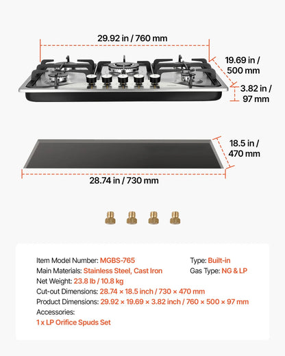 VEVOR 30-inch Gas Cooktop, 5 Burners Built-in Gas Stove Top, Max 12250BTU NG/LPG Convertible Stainless Steel Natural Gas Hob, with Thermocouple Protection for Camping, RV, Apartment - View 18