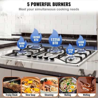 VEVOR 30-inch Gas Cooktop, 5 Burners Built-in Gas Stove Top, Max 12250BTU NG/LPG Convertible Stainless Steel Natural Gas Hob, with Thermocouple Protection for Camping, RV, Apartment - View 3