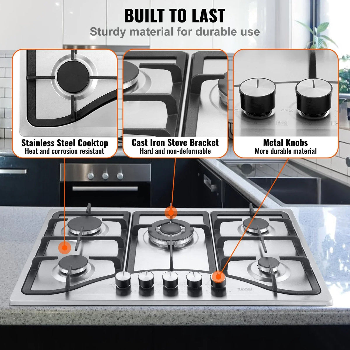 VEVOR 30-inch Gas Cooktop, 5 Burners Built-in Gas Stove Top, Max 12250BTU NG/LPG Convertible Stainless Steel Natural Gas Hob, with Thermocouple Protection for Camping, RV, Apartment - View 5