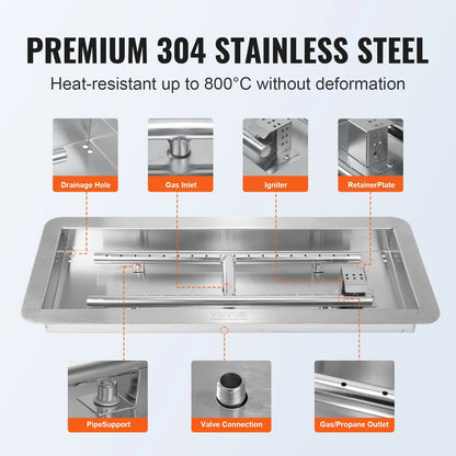 VEVOR 36 x 12 inch Drop-in Fire Pit Pan, Rectangular Stainless Steel Fire Pit Burner Kit, Natural & Propane Gas Fire Pan 150,000 BTU with H-Burner for Indoor or Outdoor Use - View 2