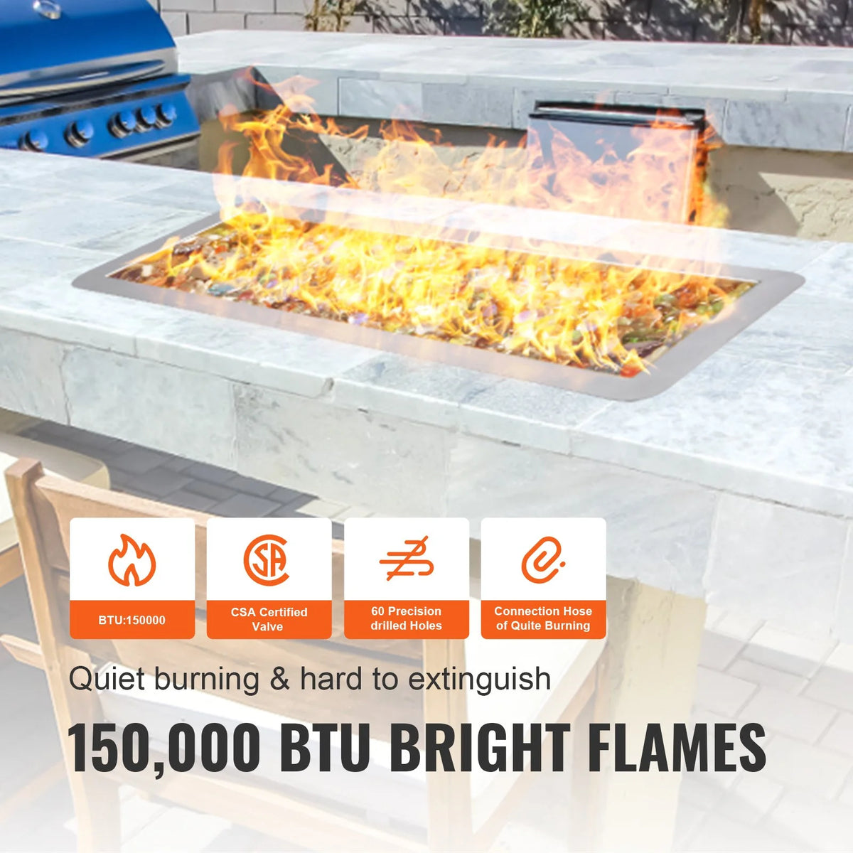VEVOR 36 x 12 inch Drop-in Fire Pit Pan, Rectangular Stainless Steel Fire Pit Burner Kit, Natural & Propane Gas Fire Pan 150,000 BTU with H-Burner for Indoor or Outdoor Use - View 4