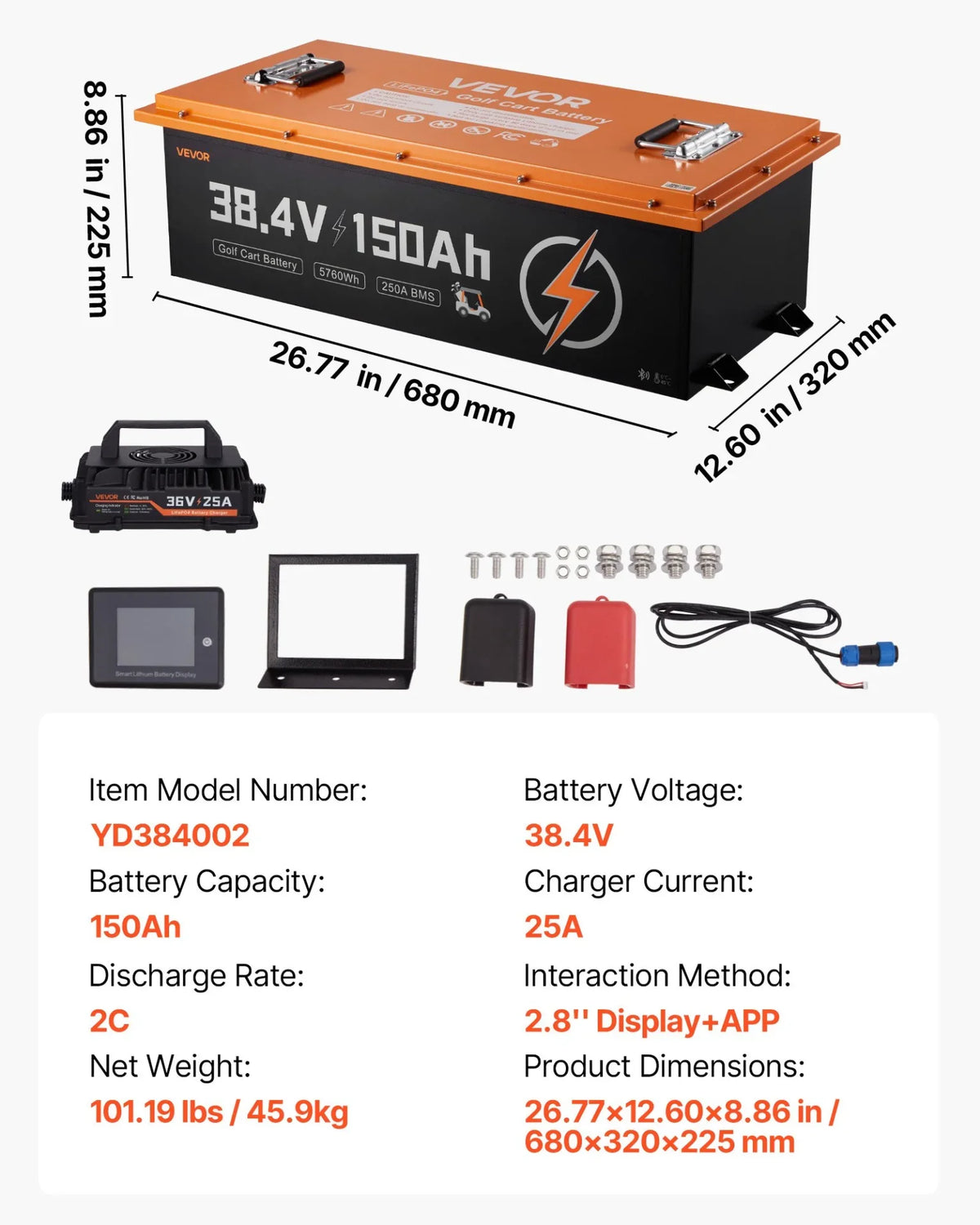 VEVOR 36V (38.4V) 150AH Lithium Golf Cart Battery, with 25A Charger, Lifepo4 Battery Kit, Built-in 250A BMS, with Bluetooth Mobile APP & Touch Monitor, 4000 Cycles, for Golf Carts, Trolling Motors - View 6
