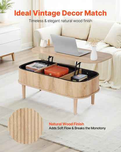 VEVOR 39.4 in Lift Top Coffee Table, Fluted Oval Coffee Table with 3 Hidden Compartment, Mid Century Wooden Oval Center Desk with Storage, Lift Up Tabletop for Home & Office, Easy Assembly, Burlywood
