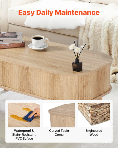 VEVOR 39.4 in Lift Top Coffee Table, Fluted Oval Coffee Table with 3 Hidden Compartment, Mid Century Wooden Oval Center Desk with Storage, Lift Up Tabletop for Home & Office, Easy Assembly, Burlywood - View 5