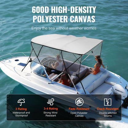 VEVOR 4 Bow Bimini Top Boat Cover, Detachable Mesh Sidewalls, 600D Polyester Canopy with 1" Aluminum Alloy Frame, Includes Storage Boot, 2 Straps, 2 Support Poles, 8'L x 54"H x 91"-96"W, Light Grey - View 2