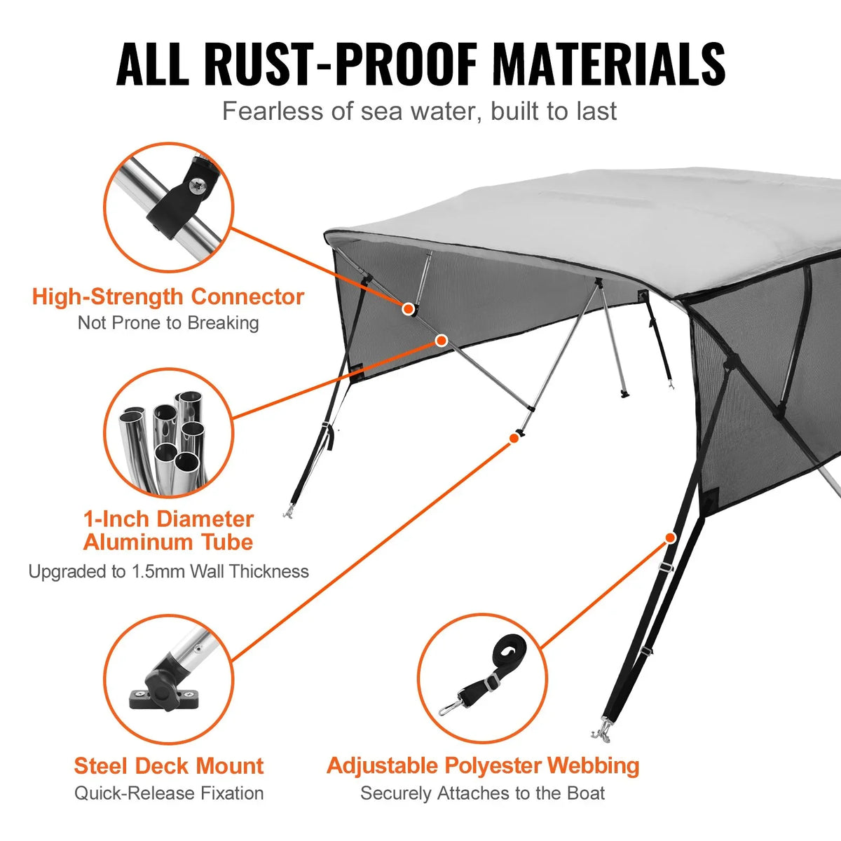 VEVOR 4 Bow Bimini Top Boat Cover, Detachable Mesh Sidewalls, 600D Polyester Canopy with 1" Aluminum Alloy Frame, Includes Storage Boot, 2 Straps, 2 Support Poles, 8'L x 54"H x 85"-90"W, Light Grey - View 4