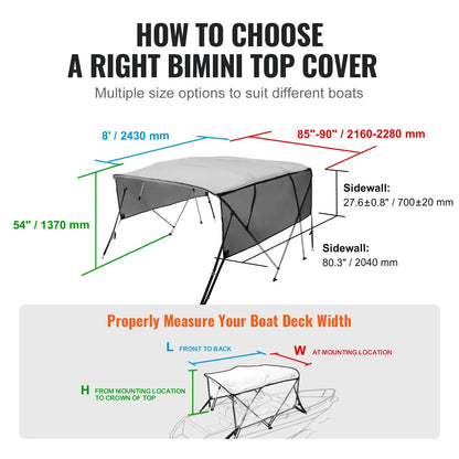 VEVOR 4 Bow Bimini Top Boat Cover, Detachable Mesh Sidewalls, 600D Polyester Canopy with 1" Aluminum Alloy Frame, Includes Storage Boot, 2 Straps, 2 Support Poles, 8'L x 54"H x 85"-90"W, Light Grey - View 5