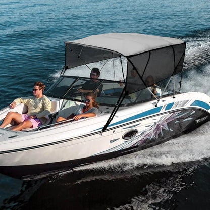 VEVOR 4 Bow Bimini Top Boat Cover, Detachable Mesh Sidewalls, 600D Polyester Canopy with 1" Aluminum Alloy Frame, Includes Storage Boot, 2 Straps, 2 Support Poles, 8'L x 54"H x 85"-90"W, Light Grey - View 7