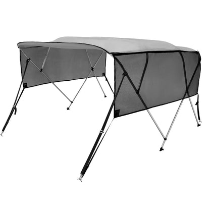 VEVOR 4 Bow Bimini Top Boat Cover, Detachable Mesh Sidewalls, 600D Polyester Canopy with 1" Aluminum Alloy Frame, Includes Storage Boot, 2 Straps, 2 Support Poles, 8'L x 54"H x 85"-90"W, Light Grey - View 9