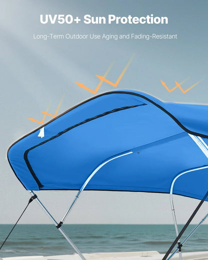 VEVOR 4 Bow Bimini Top Replacement Cover, 8 ft Long, Durable 600D Marine Grade Waterproof Sun Shade Boat Canopy with Storage Boot, Easy Install Zipper Sleeve Awning, 96"L x (91"-96")W, Blue (No Frame) - View 3