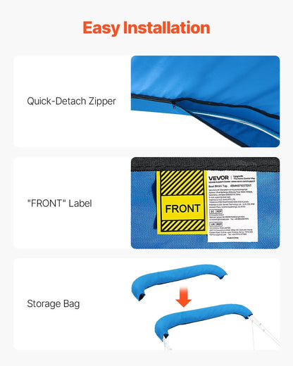 VEVOR 4 Bow Bimini Top Replacement Cover, 8 ft Long, Durable 600D Marine Grade Waterproof Sun Shade Boat Canopy with Storage Boot, Easy Install Zipper Sleeve Awning, 96"L x (91"-96")W, Blue (No Frame) - View 5