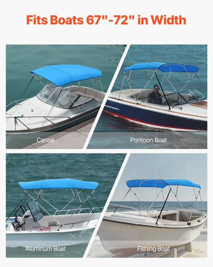 VEVOR 4 Bow Boat Bimini Tops, 600D Polyester Canopy with Aluminum Alloy Frame, Waterproof & Sun Shade Boat Awning Canopy with Storage Bag, 2 Support Poles, 4 Straps, 96"Lx(67"-72")Wx54"H, Pacific Blue - View 5