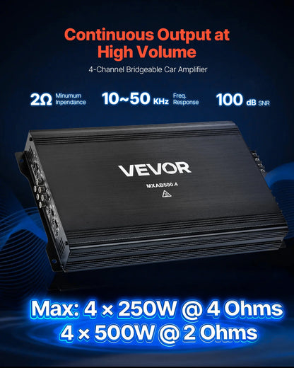 VEVOR 4 Channel Car Audio Amplifier 2 Ohm Stable Bridgeable Class A/B Full Range Amp Max Power 4 x 250W @ 4 Ohm / 4 x 500W @ 2 Ohm for Car SUV Truck Off-Road - View 2