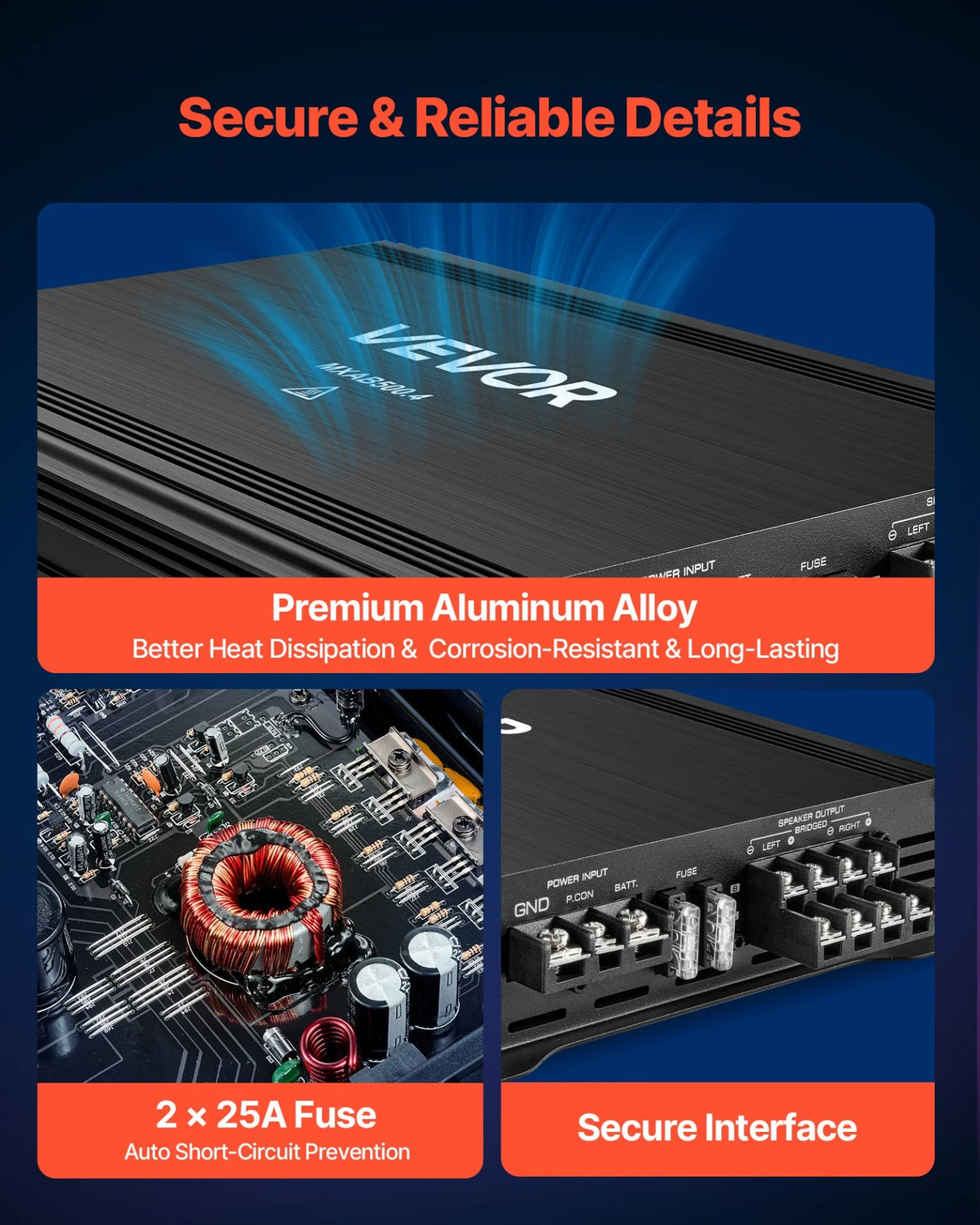 VEVOR 4 Channel Car Audio Amplifier 2 Ohm Stable Bridgeable Class A/B Full Range Amp Max Power 4 x 250W @ 4 Ohm / 4 x 500W @ 2 Ohm for Car SUV Truck Off-Road - View 5