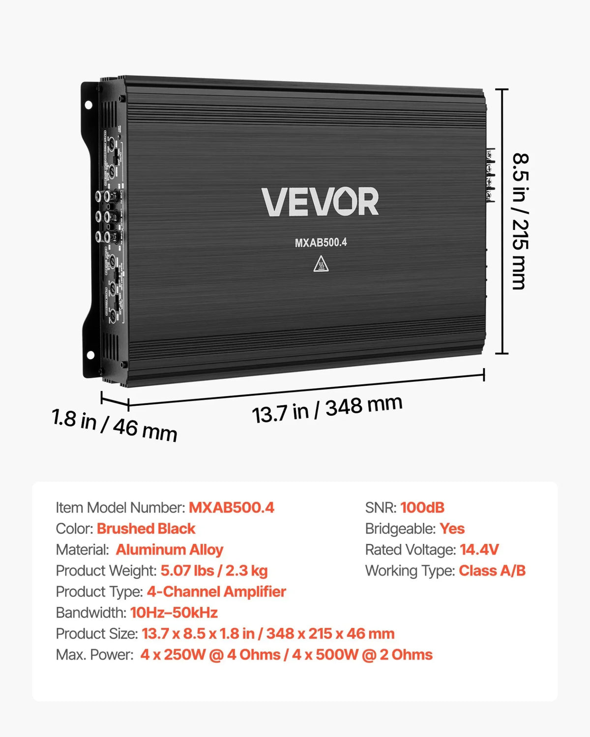 VEVOR 4 Channel Car Audio Amplifier 2 Ohm Stable Bridgeable Class A/B Full Range Amp Max Power 4 x 250W @ 4 Ohm / 4 x 500W @ 2 Ohm for Car SUV Truck Off-Road - View 7
